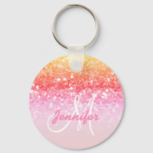 Girly Pink Rainbow Glitter Sparkles Monogram Name Keychain