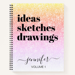 Girly Pink Rainbow Glitter Your Name Sketchbook Notebook