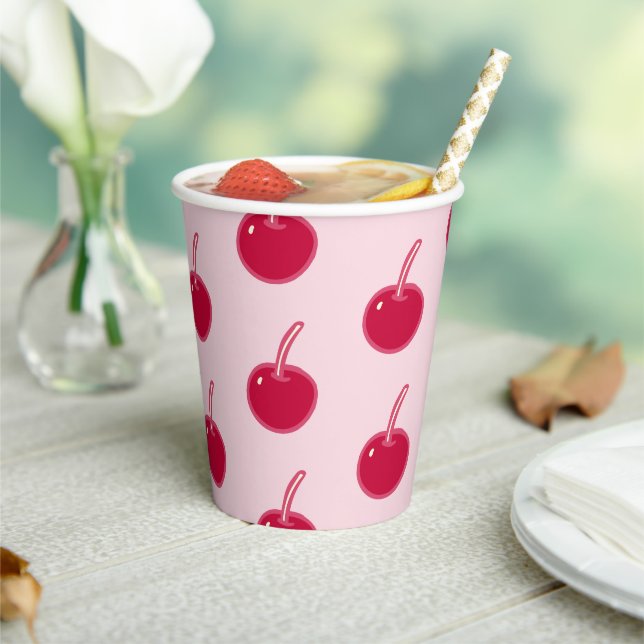 Girly Pink Red Cherries Birthday Paper Cups (Insitu)