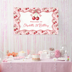 Girly Pink Red Coquette Cherry First 1st Birthday  Banner