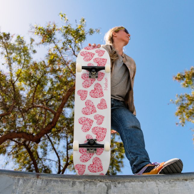 Girly Pink Red Modern Love Hearts Custom Name Skateboard (Outdoor 1)