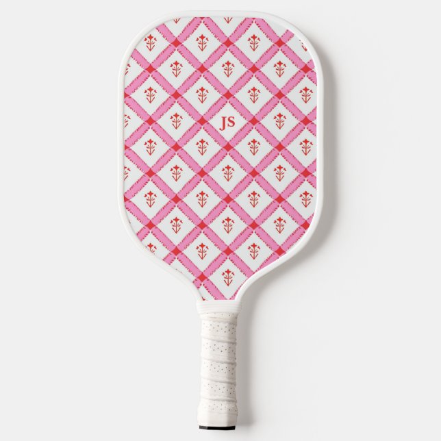 Girly Pink & Red Pattern With Initials Pickleball Paddle (Back)