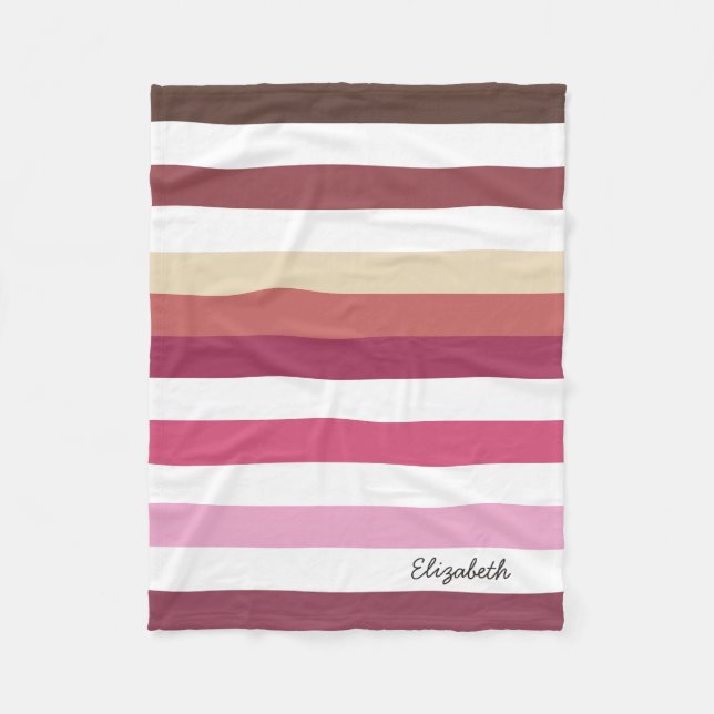 Girly Pink Red Wide Horizontal Stripes With Name Fleece Blanket (Front)
