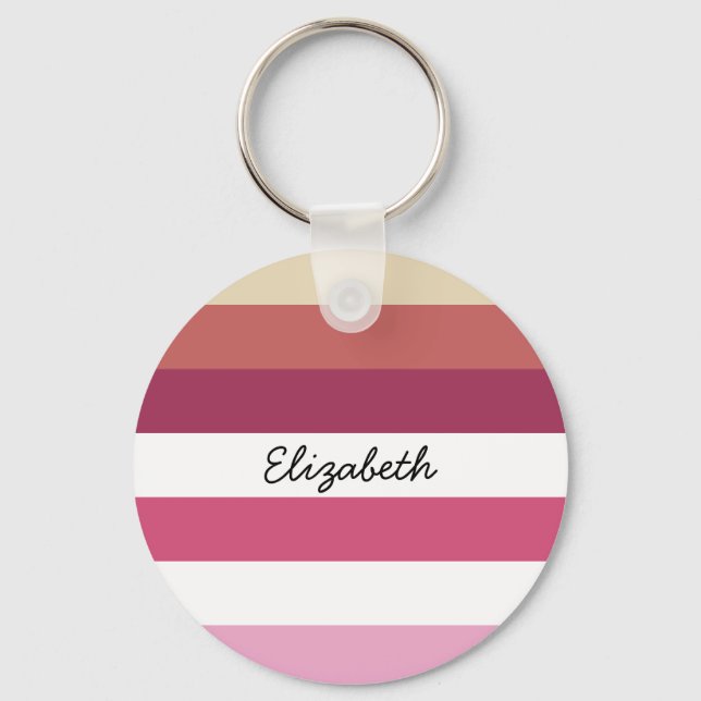Girly Pink Red Wide Horizontal Stripes With Name Keychain (Front)