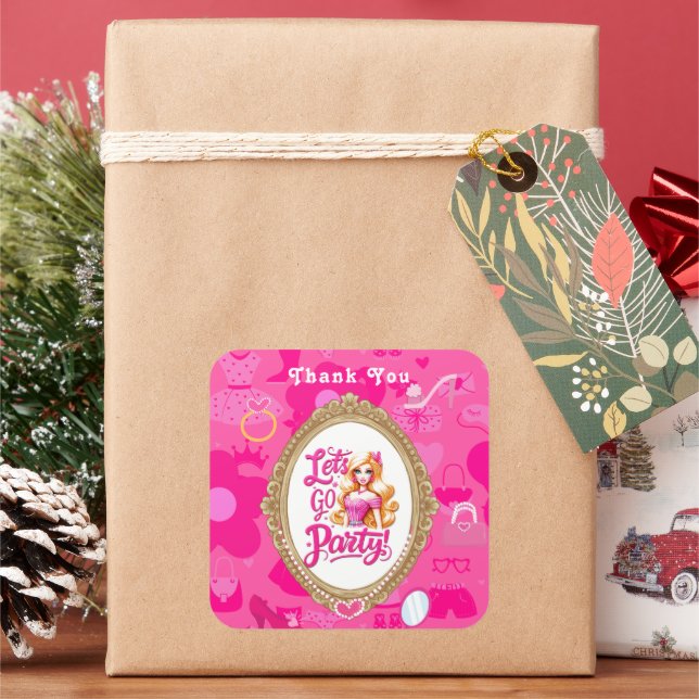 Girly Pink Retro Doll Let's Go Party Birthday Square Sticker (Holiday)