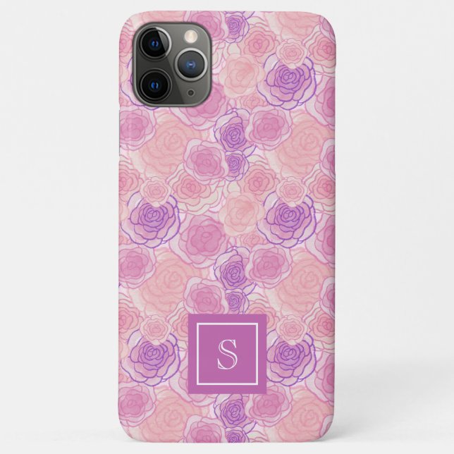 Girly Pink Retro Rose Floral Monogram Case-Mate iPhone Case (Back)