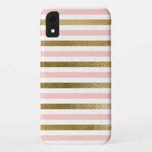Girly Pink Rose Gold Foil and White Stripe Pattern iPhone XR Case