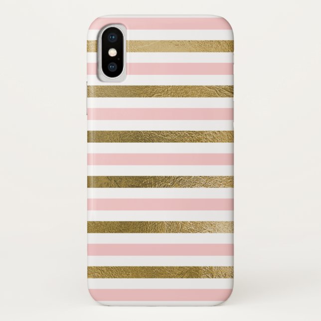 Girly Pink Rose Gold Foil and White Stripe Pattern Case-Mate iPhone Case (Back)