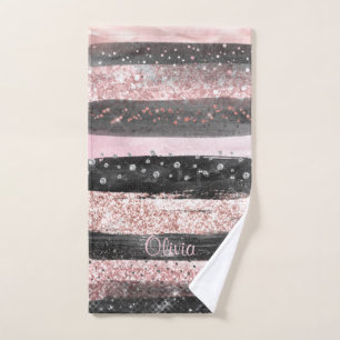 Girly Pink Rose Gold Glitter and Modern Black Hand Towel