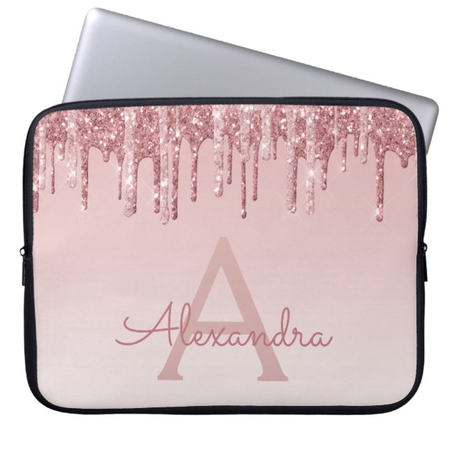 Girly Pink Rose Gold Glitter Drips Monogram Laptop Sleeve (Front)