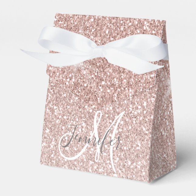 Girly Pink Rose Gold Glitter Name Monogram Favor Box (Front Side)