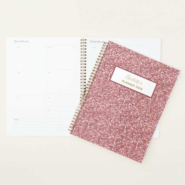 Girly Pink Rose Gold Glitter Personalize Name Year Planner (Display)
