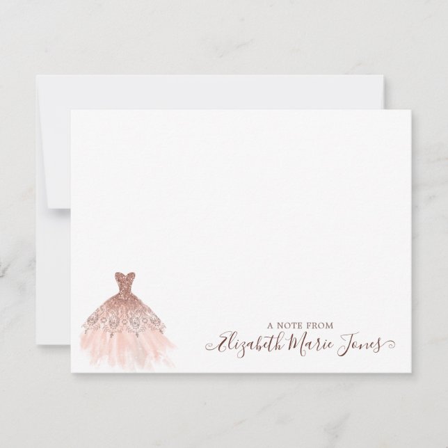 Girly Pink Rose Gold Glitter Sparkle Dress Script Card (Front)