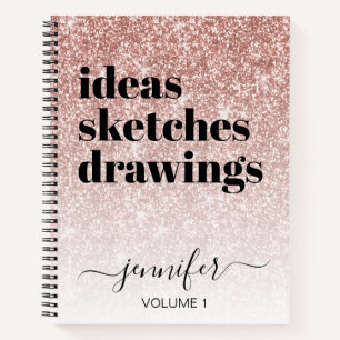 Girly Pink Rose Gold Glitter Your Name Sketchbook Notebook