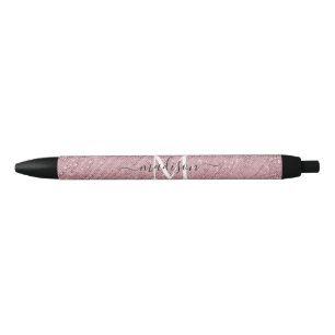 Girly Pink Rose Gold Monogram Glam Glitter Sparkle Black Ink Pen