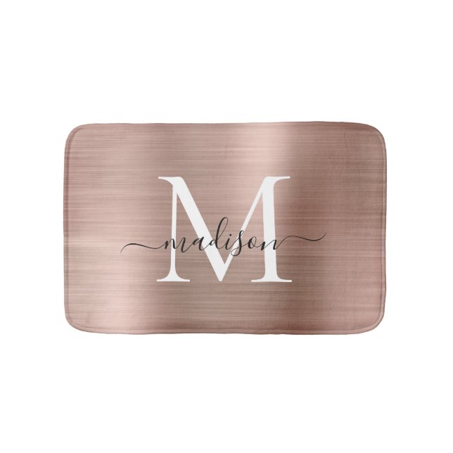 Girly Pink Rose Gold Monogram Script Brushed Metal Bath Mat (Front)