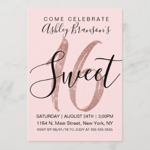 Girly Pink Rose Gold Sequin Glitter Sweet 16 Invitation