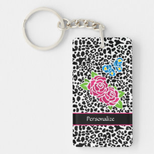 Girly Pink Rose Mosaic Leopard Print With Name Keychain
