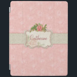 Girly Pink Roses and Damask Personalized iPad Smart Cover<br><div class="desc">Pink floral background with band of grey damask,  centre floral label with spray of girly roses and room for personalization.</div>