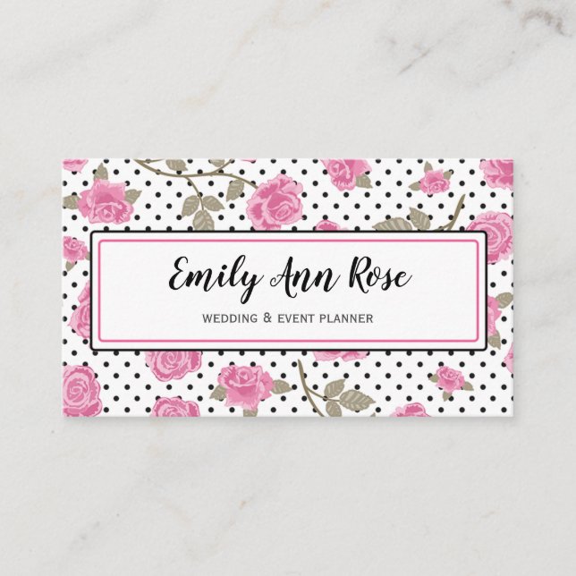 Girly Pink Roses Script Girly Floral Modern Business Card (Front)