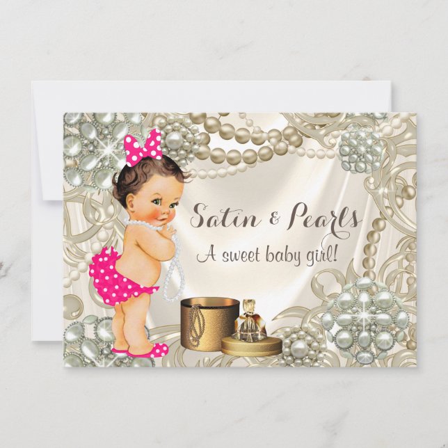 Girly Pink Satin Pearl Baby Girl Shower Invitation (Front)