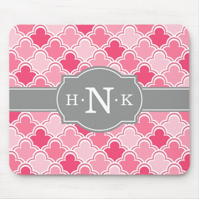 Girly Pink Scallop Pattern Grey Monogram Mouse Pad (Front)