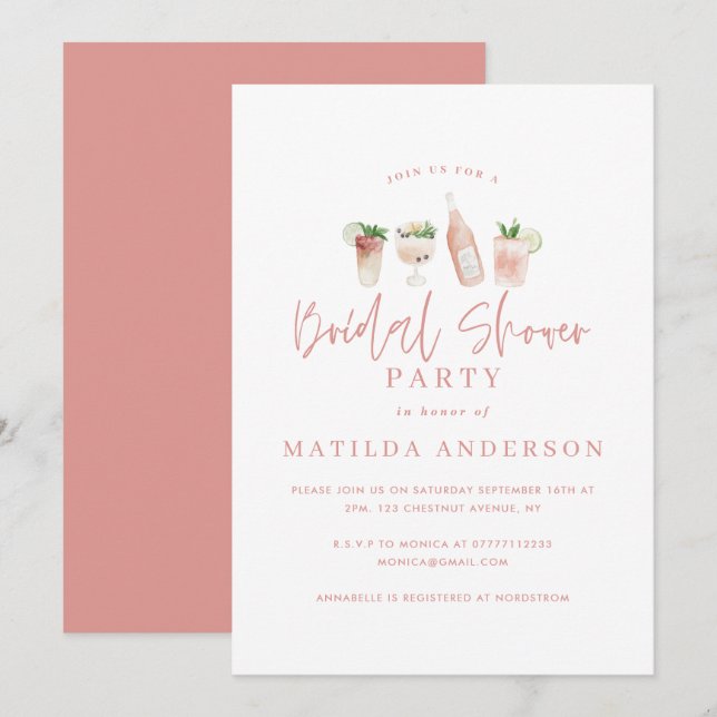 Girly pink script modern cocktail bridal shower announcement (Front/Back)