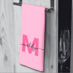 Girly Pink Script Name Monogram Kitchen Towel<br><div class="desc">Personalized Custom Create Your Own Girly Bright Pink and Magenta Initial Name Monogram Kitchen Towel. Add a vibrant and feminine touch to your kitchen with this stylish monogrammed towel. Designed for a tri-fold style, it features a bright happy pink background, a bold magenta hot pink initial, and a flowing black...</div>