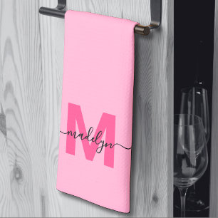 Girly Pink Script Name Monogram Kitchen Towel