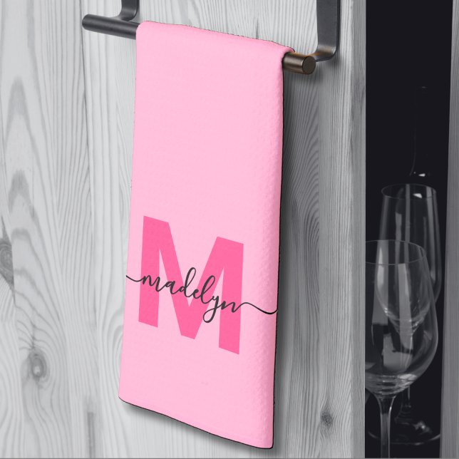 Girly Pink Script Name Monogram Kitchen Towel (Girly Pink Script Name Monogram kitchen towel )