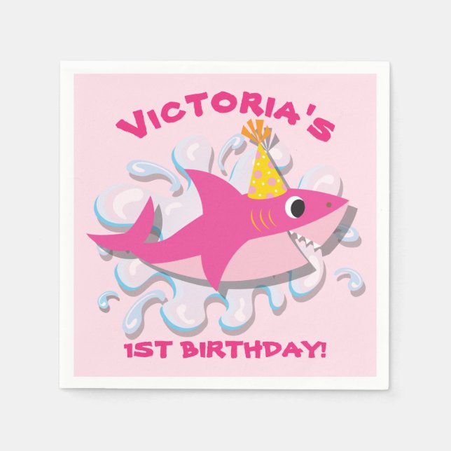 Girly Pink Shark birthday party paper napkins (Front)