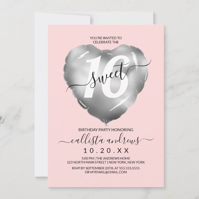 Girly Pink Silver Foil Heart Balloon Sweet 16 Invitation (Front)