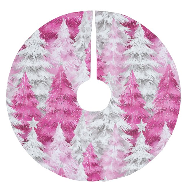 Girly Pink Silver Glam Christmas Trees   Brushed Polyester Tree Skirt (Front)