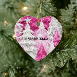 Girly Pink Silver Glam Christmas Trees Stripes Ceramic Ornament