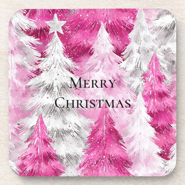 Girly Pink Silver Glam Christmas Trees Stripes Coaster (Front)