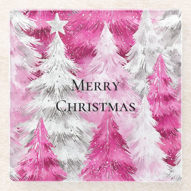 Girly Pink Silver Glam Christmas Trees Stripes Glass Coaster (Front)