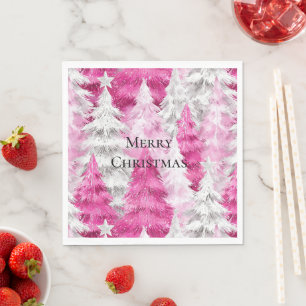 Girly Pink Silver Glam Christmas Trees Stripes Napkin