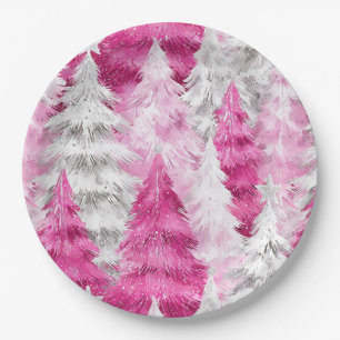 Girly Pink Silver Glam Christmas Trees Stripes Paper Plate
