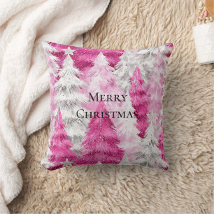 Girly Pink Silver Glam Christmas Trees Stripes Throw Pillow