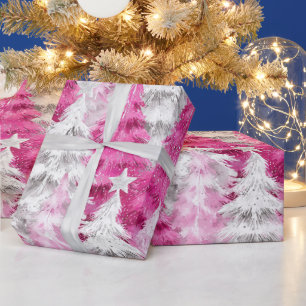 Girly Pink Silver Glam Christmas Trees Stripes Wrapping Paper