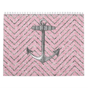 Girly Pink Silver Glitter Chevron Pattern Anchor Calendar
