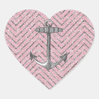 Girly Pink Silver Glitter Chevron Pattern Anchor Heart Sticker