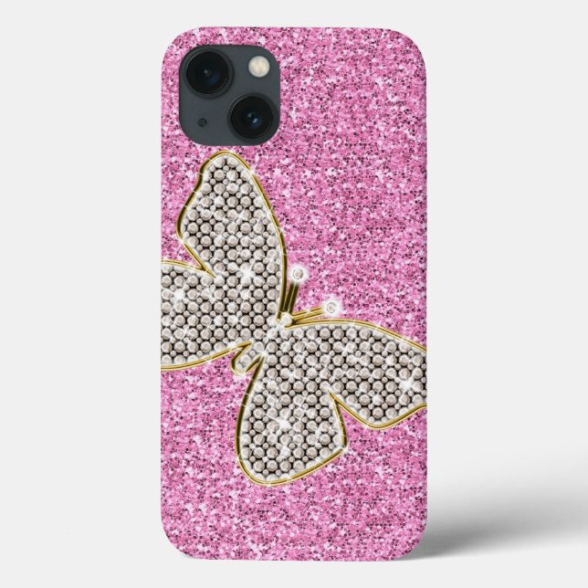 Girly Pink Silver Glitter Diamonds Butterfly Case-Mate iPhone Case (Back)