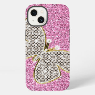 Girly Pink Silver Glitter Diamonds Butterfly iPhone 13 Case