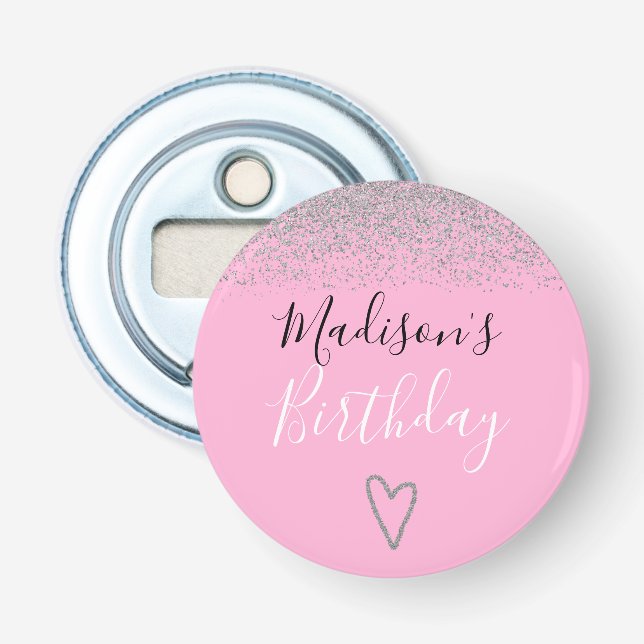 Girly Pink Silver Glitter Sparkles Heart Birthday Bottle Opener (Front)