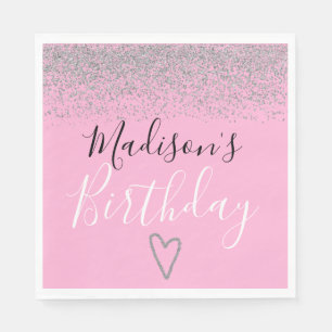 Girly Pink Silver Glitter Sparkles Heart Birthday Napkin