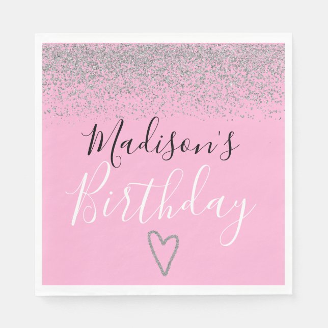 Girly Pink Silver Glitter Sparkles Heart Birthday Napkin (Front)