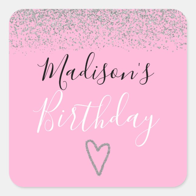 Girly Pink Silver Glitter Sparkles Heart Birthday Square Sticker (Front)