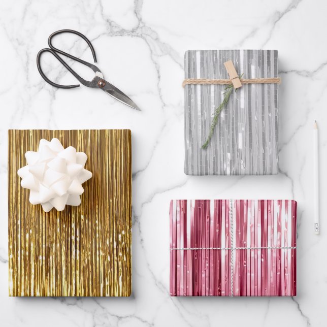 Girly Pink Silver Gold Glam Tinsel Stripes  Wrapping Paper Sheet (Front)