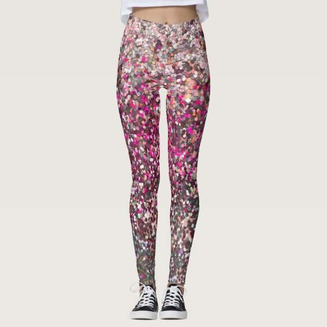 Girly Pink Silver Gold Glitter Sequin Glam  Leggings (Front)